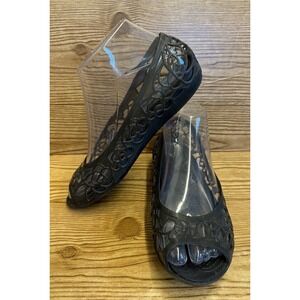 Crocs Black Isabella Jelly II Flat Peep Toe Floral Cutout Comfort Womens 6